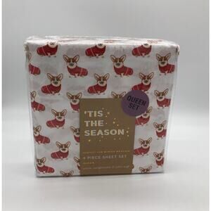 New Christmas Corgi Dog In Red Sweater 4 pc Queen Sheet Set Holiday Sheets